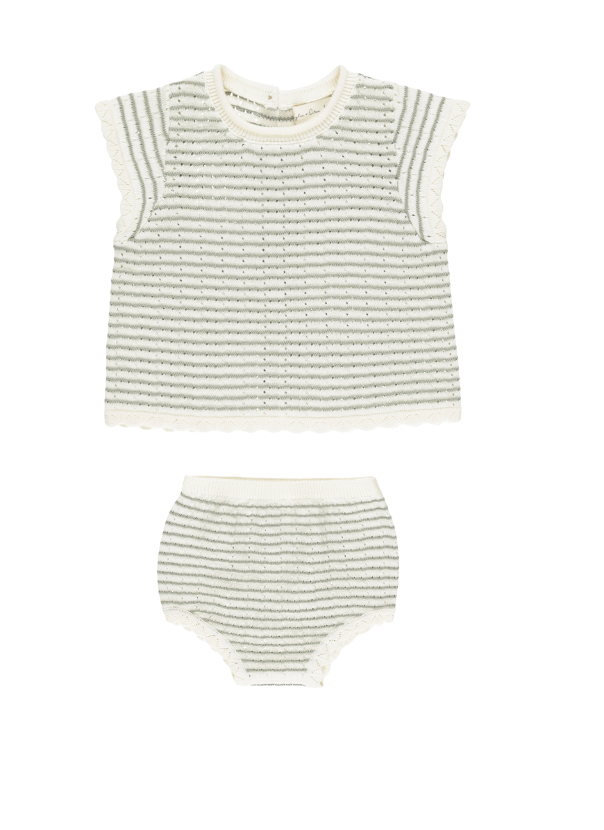 SCALLOP KNIT BABY SET || SAGE STRIPE