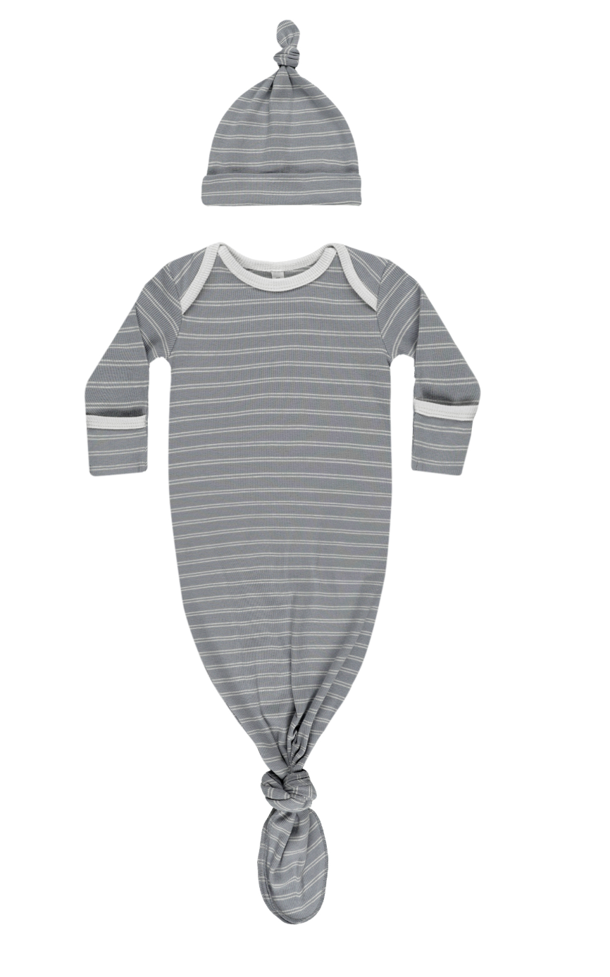 KNOTTED BABY GOWN + HAT SET || BLUE PINSTRIPE