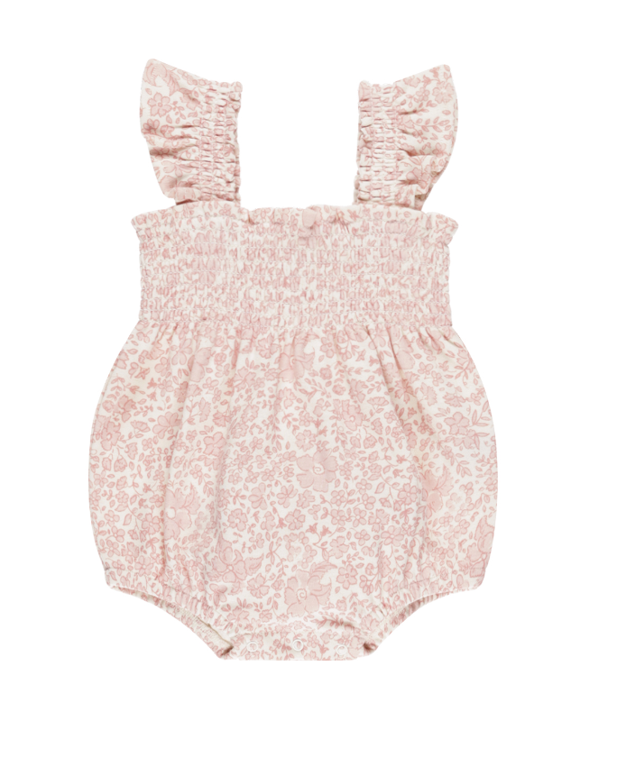 SMOCKED RUFFLE SLEEVE ROMPER || PINK BLOSSOM