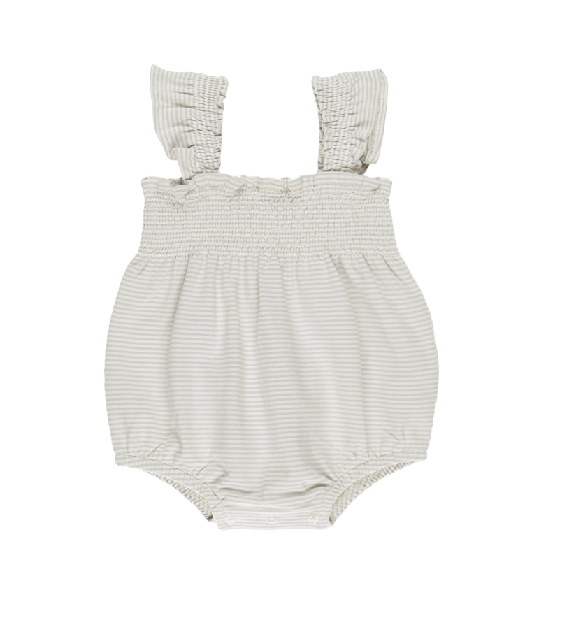 MOCKED RUFFLE SLEEVE ROMPER || SKY MICRO STRIPE