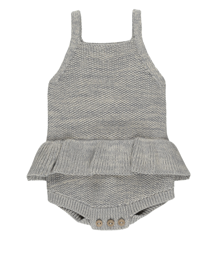 KNIT RUFFLE ROMPER || HEATHERED BLUE