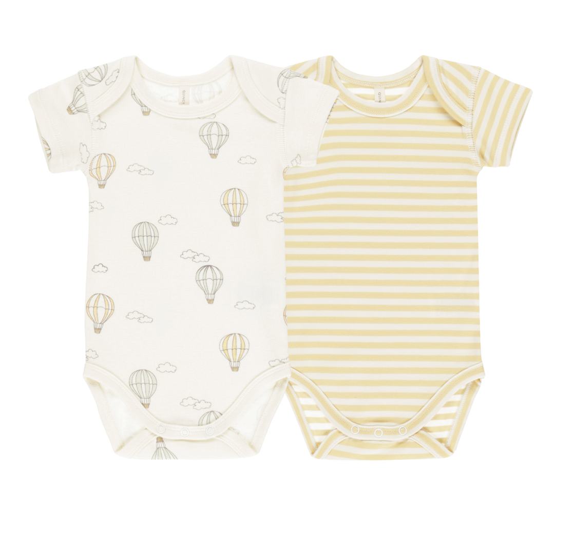 SHORT SLEEVE BODYSUIT, 2 PACK || HOT AIR BALLOONS, YELLOW STRIPE