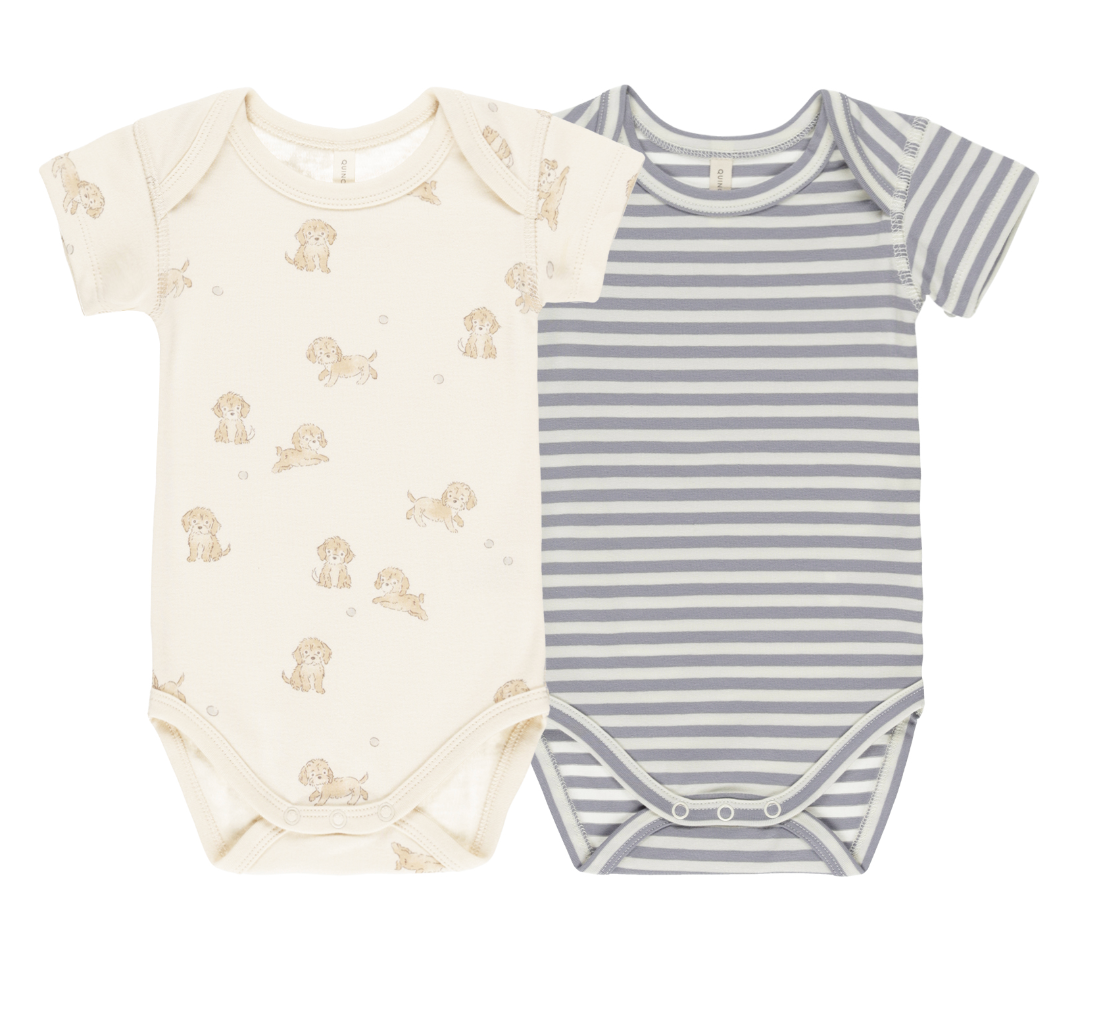 SHORT SLEEVE BODYSUIT || PUPPIES, SKY MICRO STRIPE