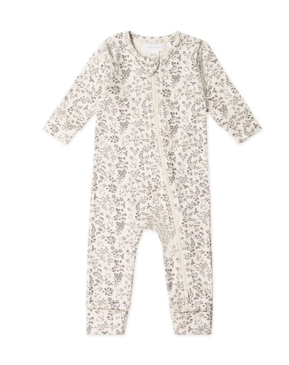 Organic Cotton Reese Zip Onepiece - Garden Bunnies Tofu