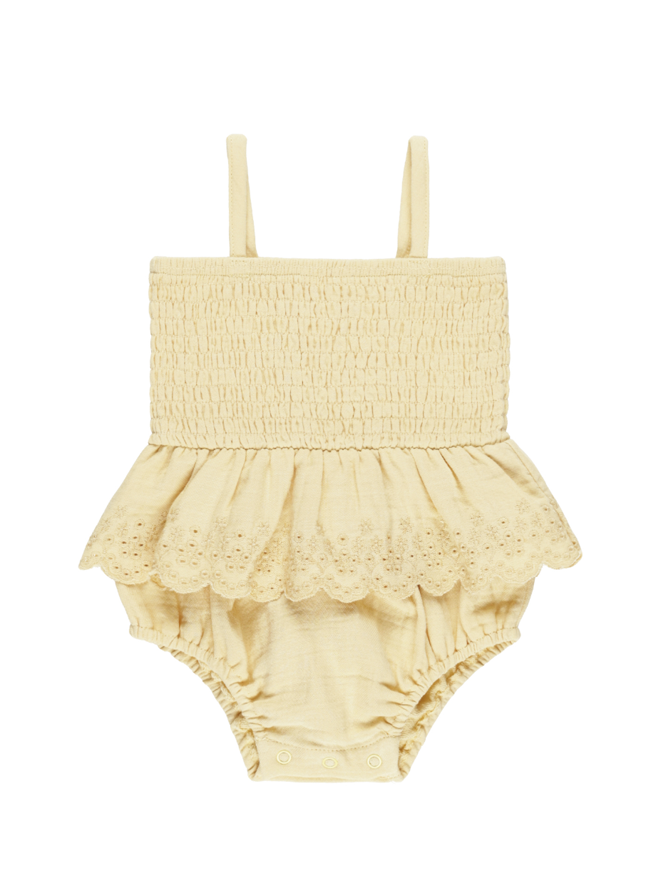 SMOCKED SKIRTED ROMPER || YELLOW