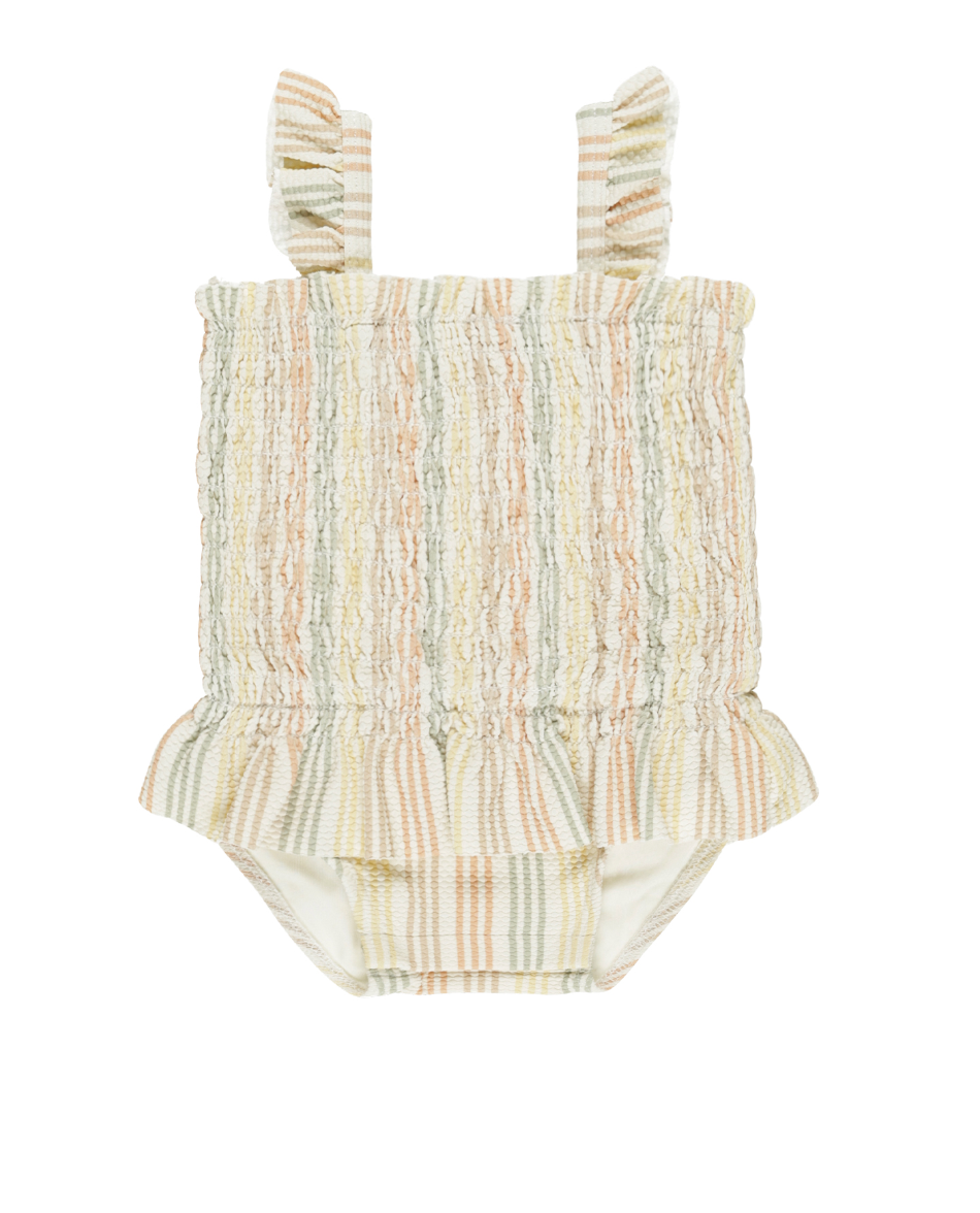 SMOCKED ONE-PIECE SWIMSUIT || MULTI STRIPE