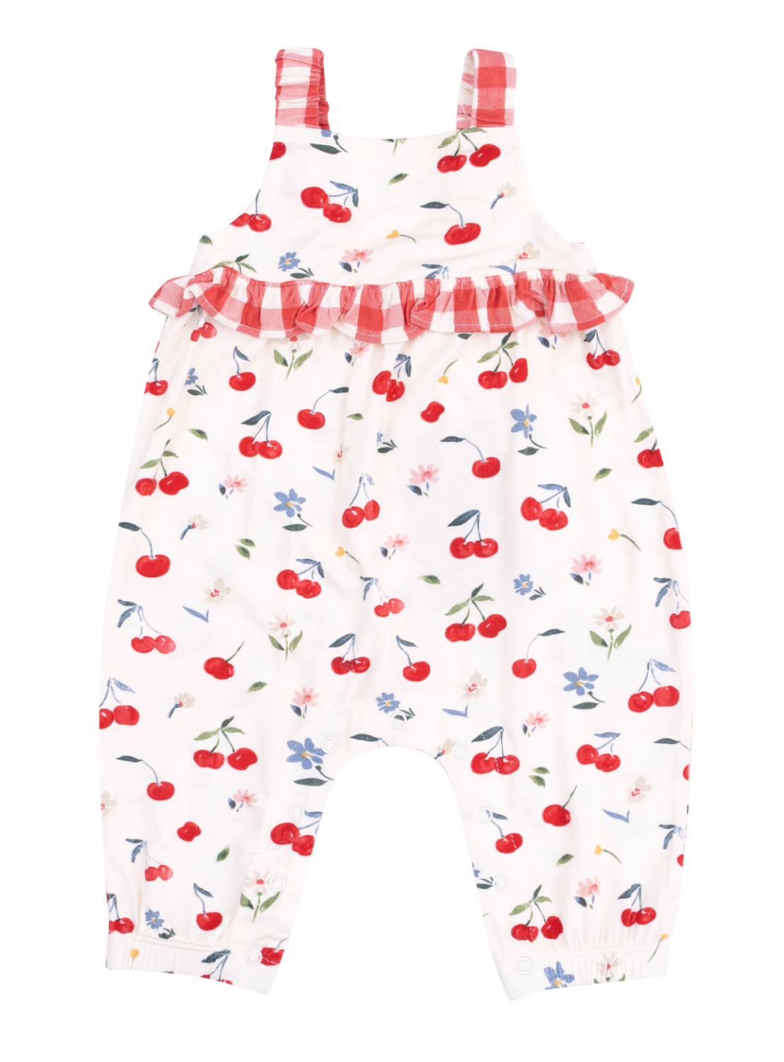 Watercolor Cherries + Gingham Ruffle Waist Romper
