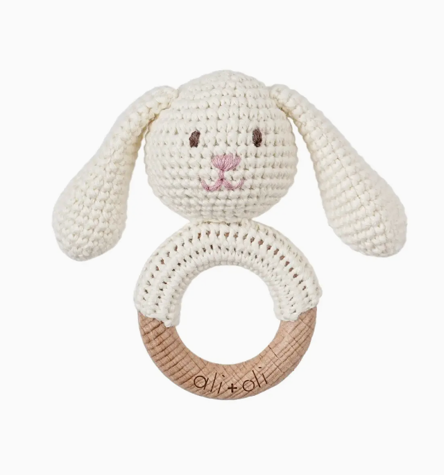 Baby Teething Toy Rattle Wood Ring Crochet