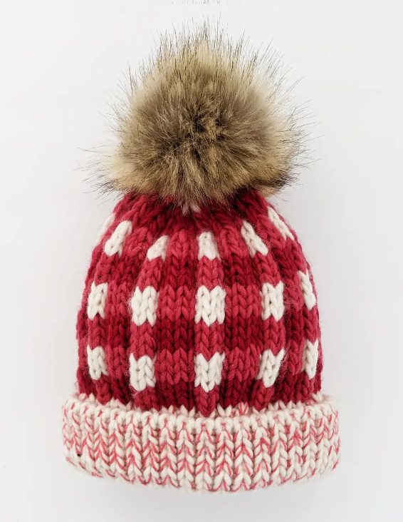 Festive Buffalo Check Pom Pom Beanie Hat