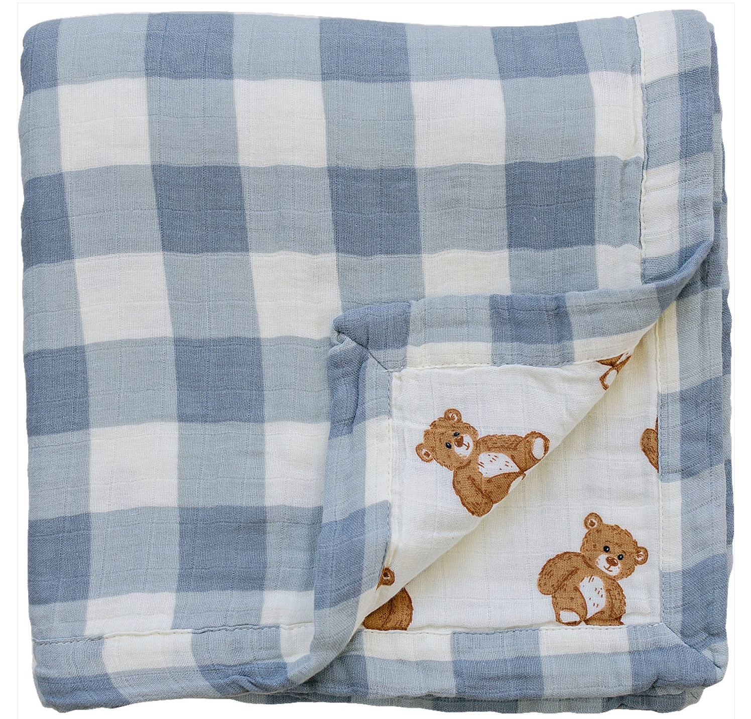Dusty Blue Gingham + Teddy Bear Muslin Quilt