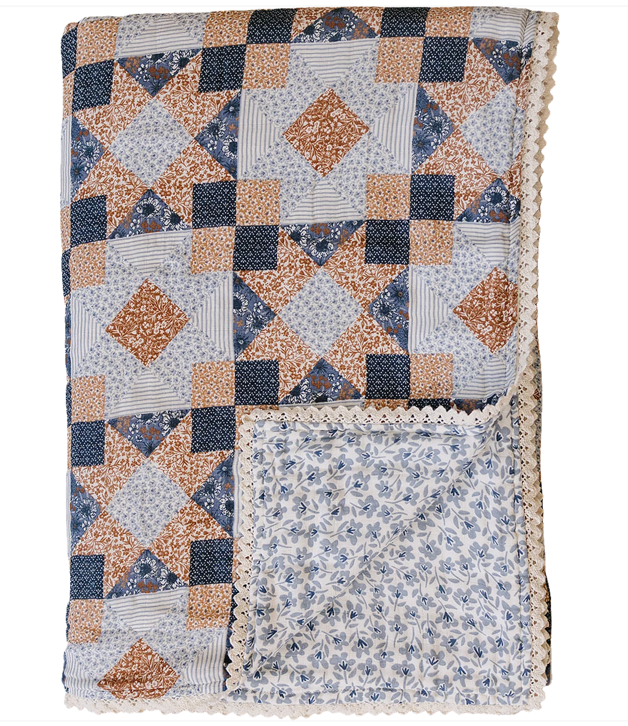 Patchwork Print + Blue Blossom Lace Twin Muslin Quilt
