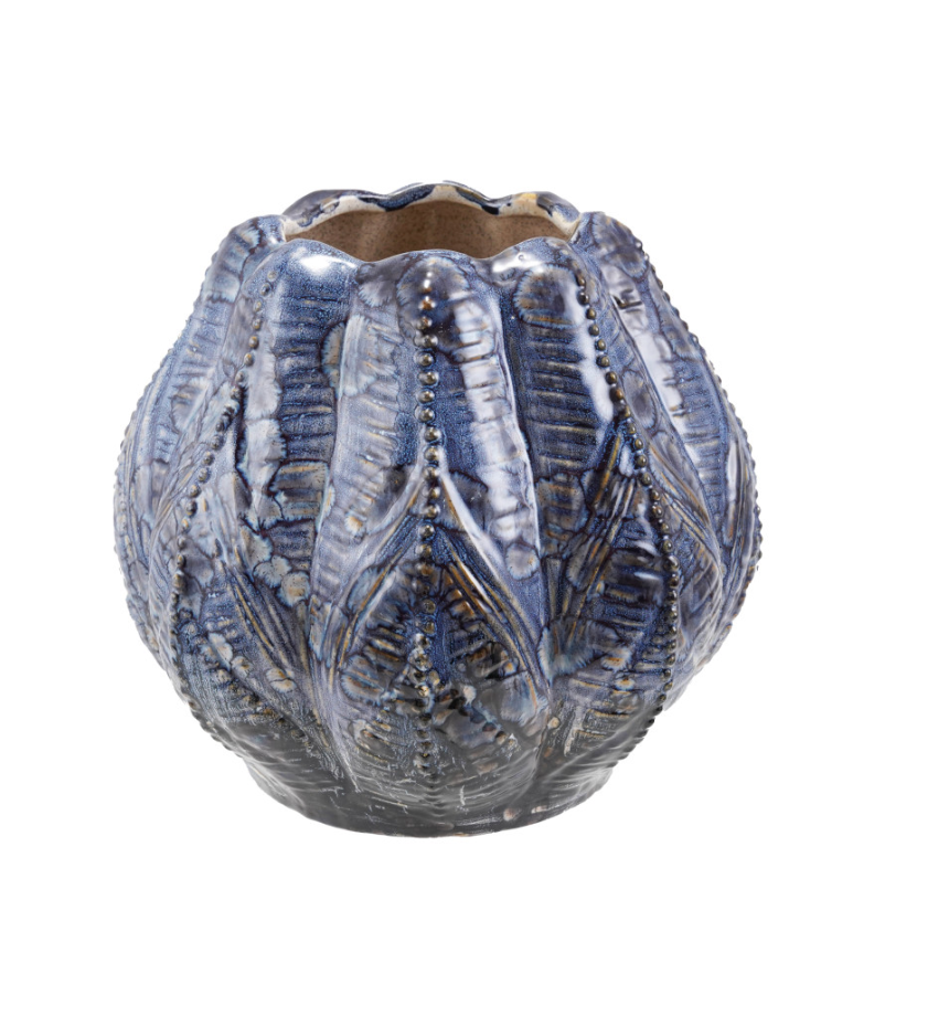 Embossed Stoneware Planter/Vase, Reactive Glaze, Blue