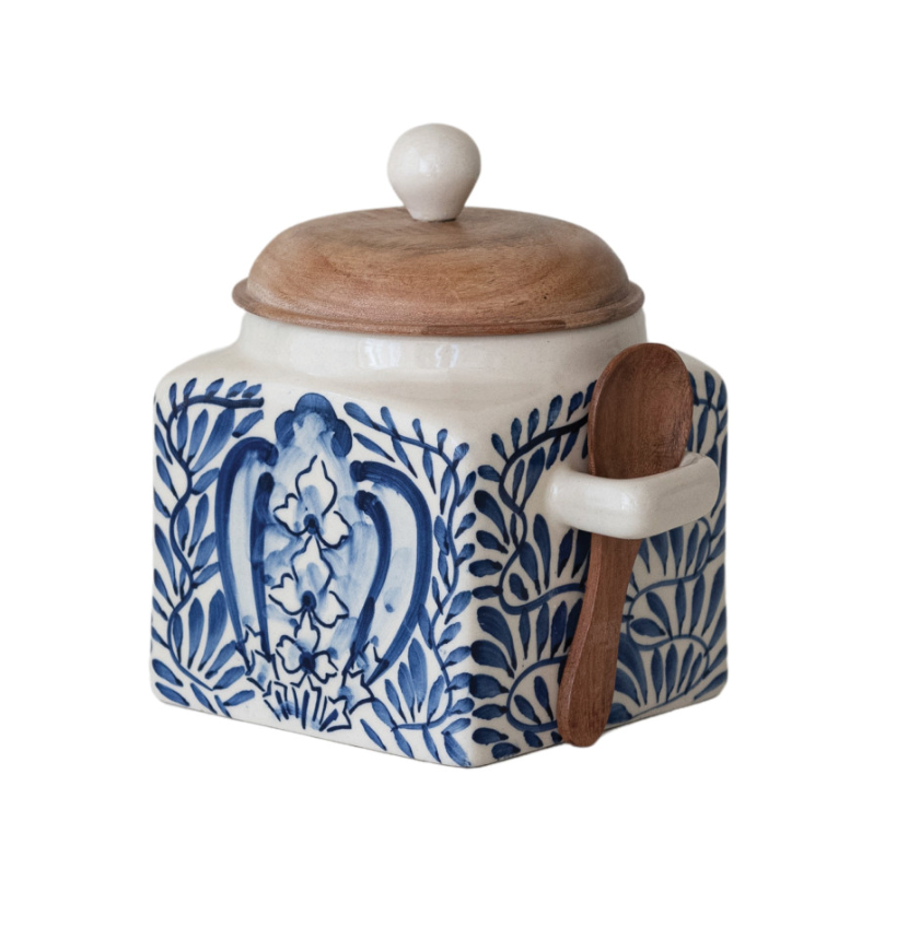 Hand-Painted Stoneware Canister with Lid & Spoon, Set of 2