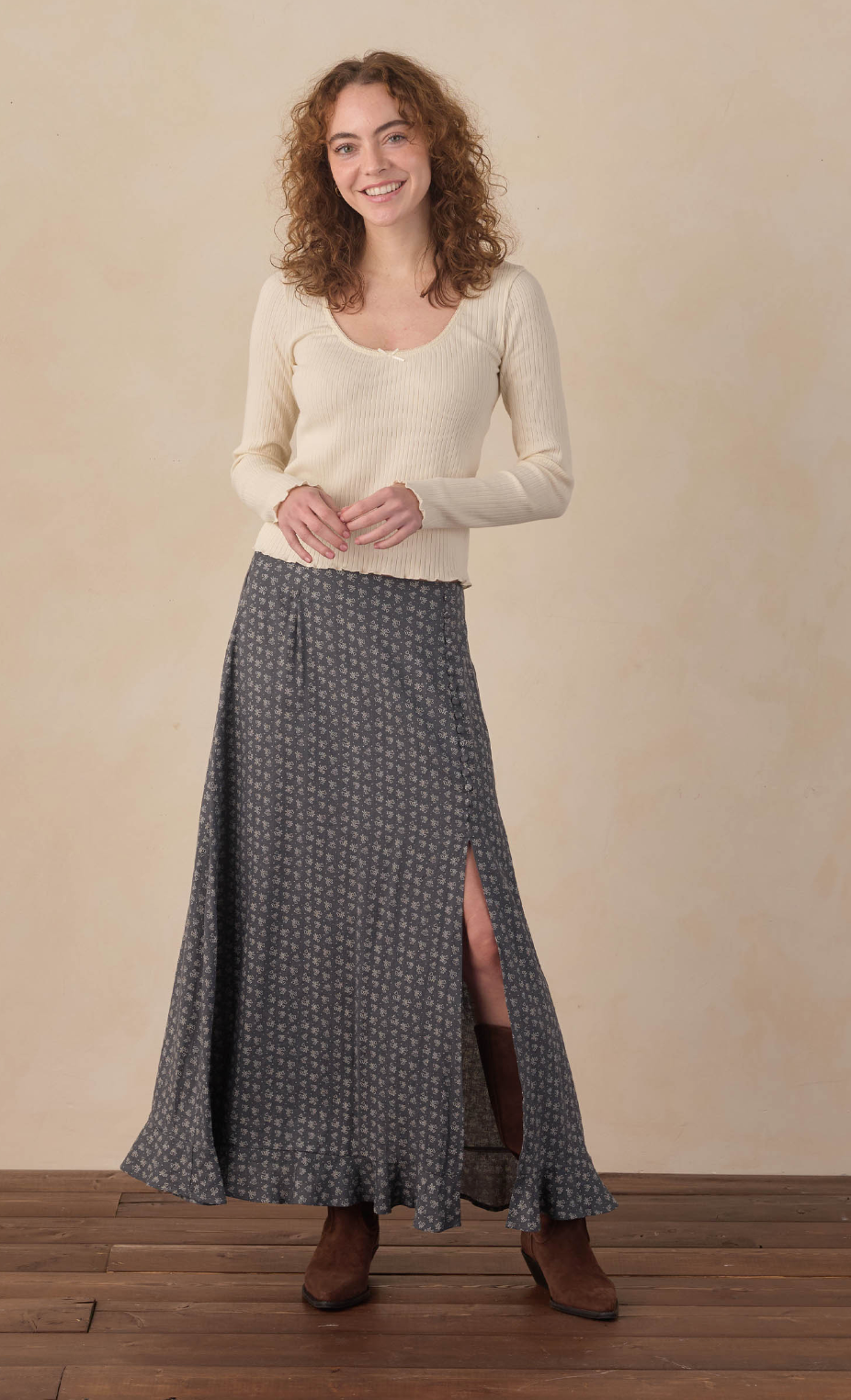 WOMEN'S BUTTON SLIT SKIRT HEART DITSY