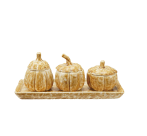 Stoneware Tray with 3 Pumpkin Shaped Jars, Brown, Set of 4
