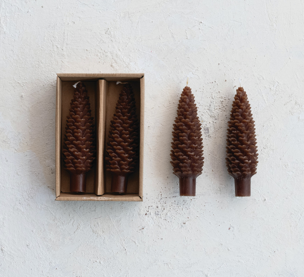 Unscented Pinecone Shaped Taper Candles in Box, Brown, Set of 2