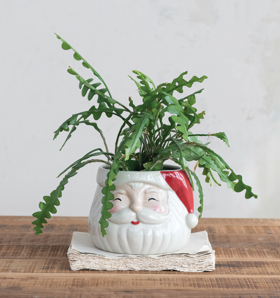 Stoneware Santa Head Shaped Planter, Red & White