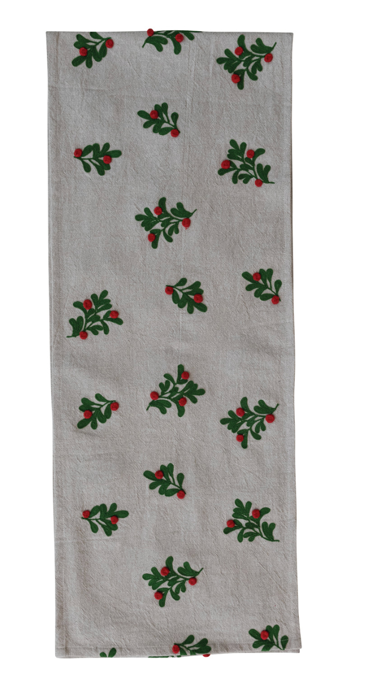 Table Runner with Embroidered Mistletoe Pattern & Pom Poms, Natural