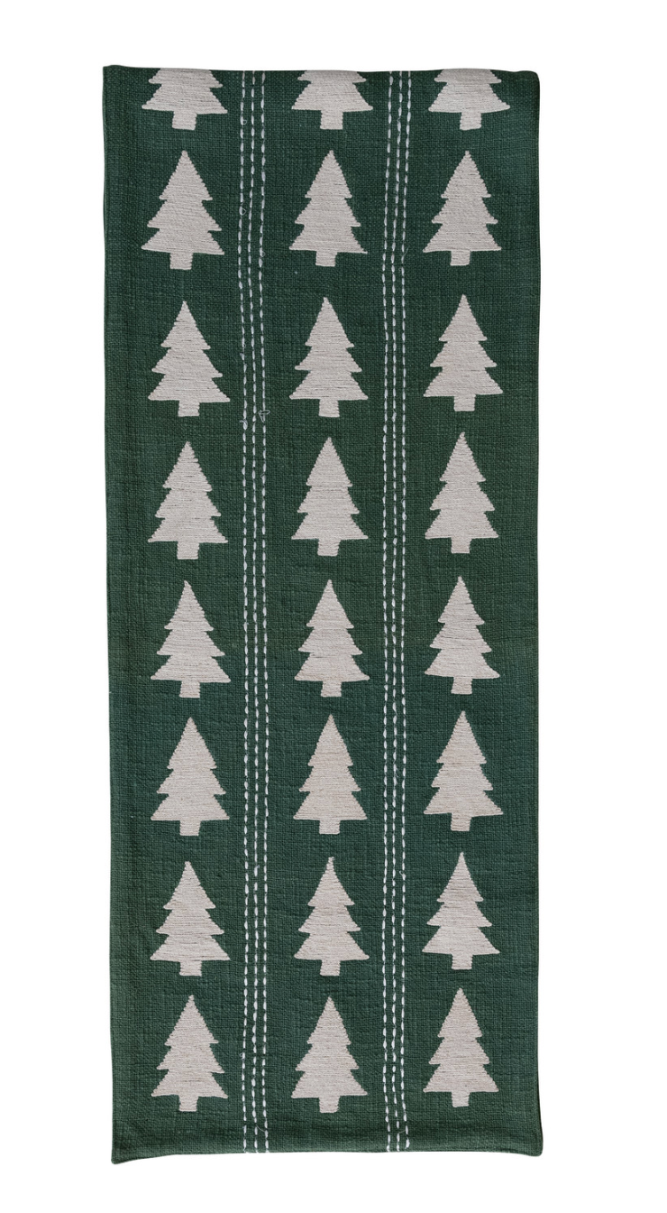 Table Runner with Trees Pattern, Embroidery & Stitching, Green & Natural