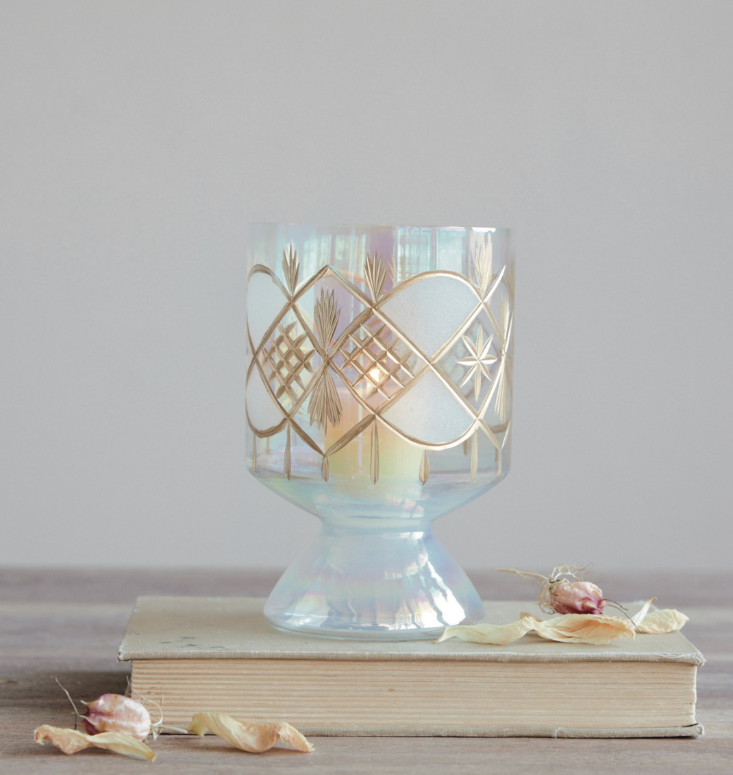 Hand-Blown Etched Glass Footed Tealight/Votive Holder with Design