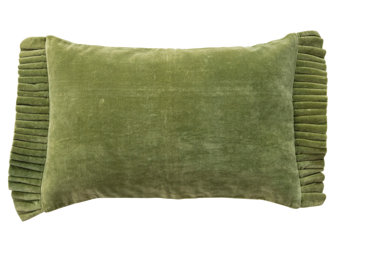 Cotton Velvet Lumbar Pillow with Ruffle Trim, Green