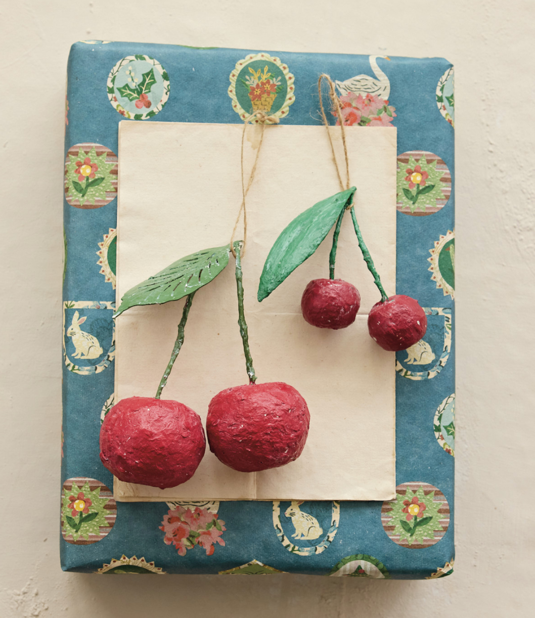 Handmade Paper Mache Cherries Ornament, Red & Green