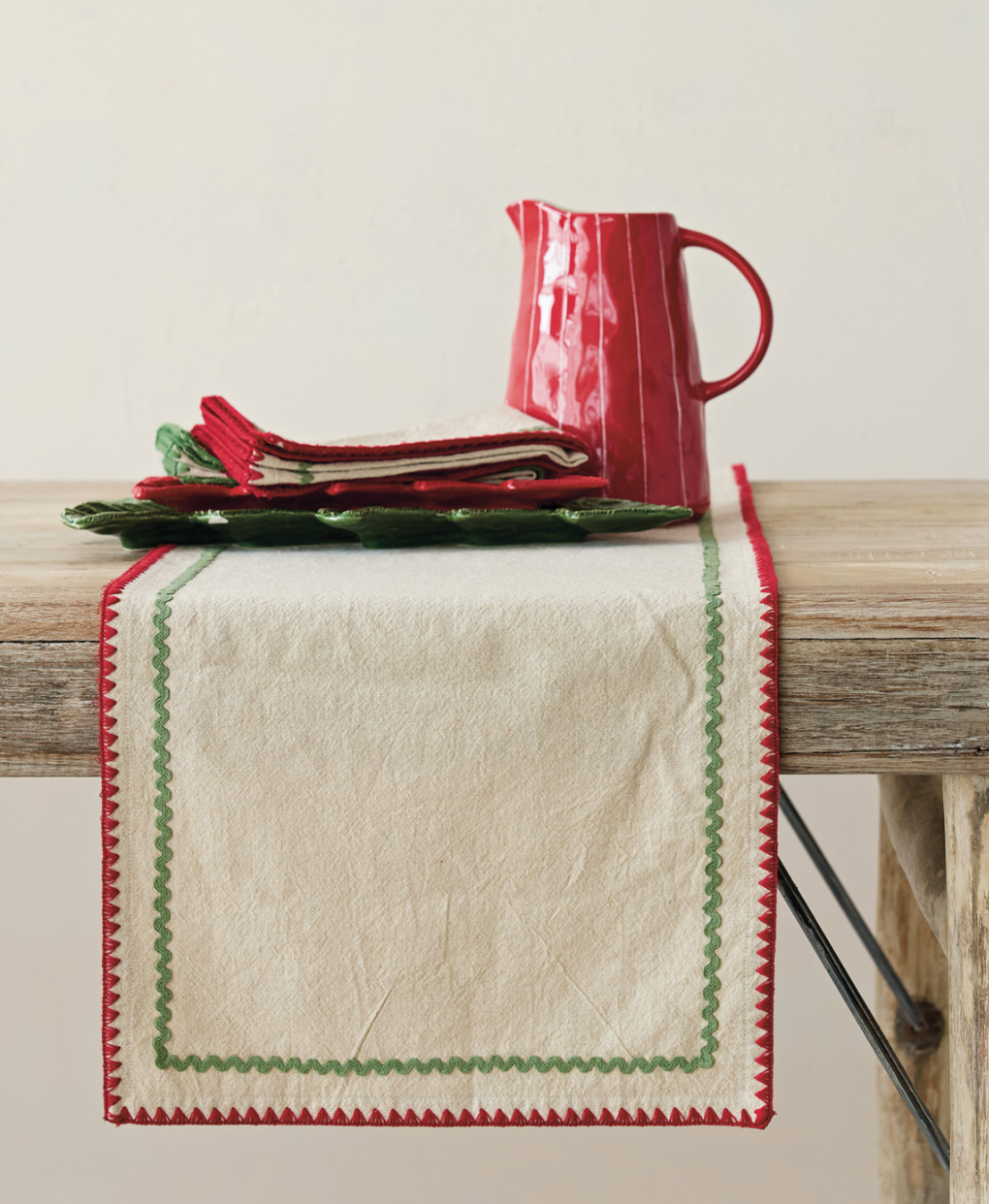 Woven Cotton Table Runner with Stitched Edge & Ric Rac Trim