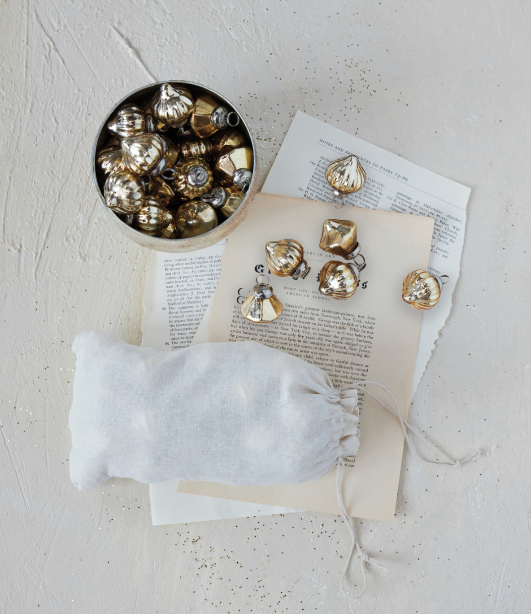 Embossed Mercury Glass Ornaments in Muslin Bag, Gold Finish, Set of 36