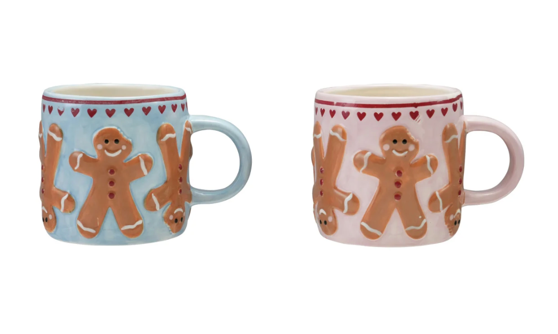 10 oz. Hand-Painted Stoneware Mug with Wax Relief Gingerbread Pattern & Hearts