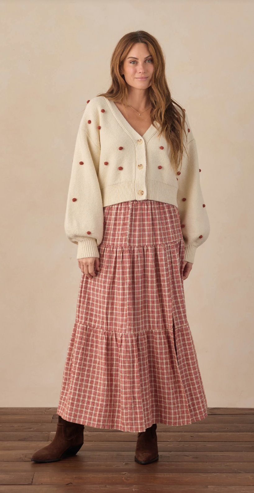 WOMEN'S BOXY CROP CARDIGAN RUBY BOBBLE