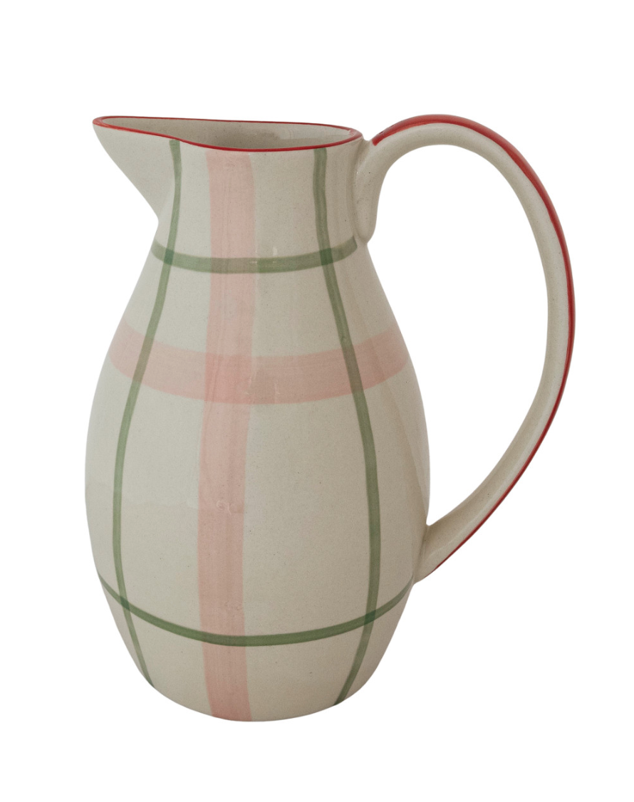 2-1/2 Quart Hand-Painted Stoneware Pitcher with Plaid Pattern