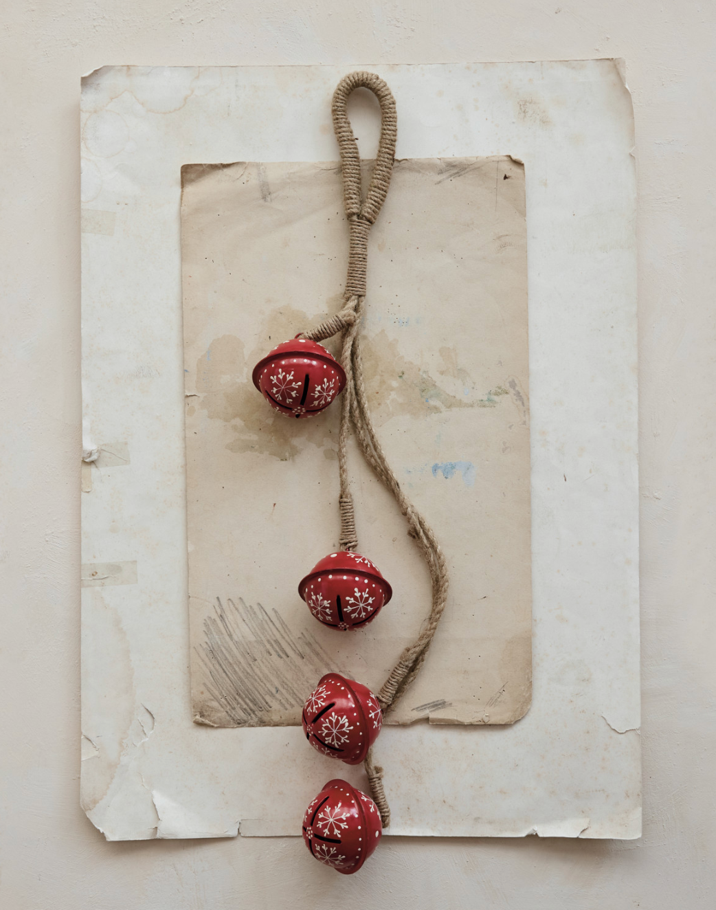Hanging Hand-Painted Metal Jingle Bell Cluster with Snowflakes & Jute Hanger