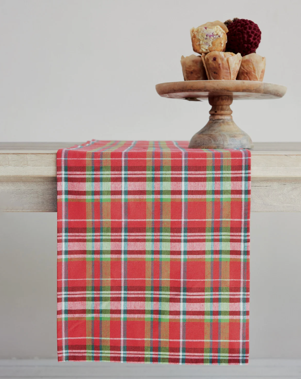 Woven Cotton Table Runner with Tartan Plaid Pattern
