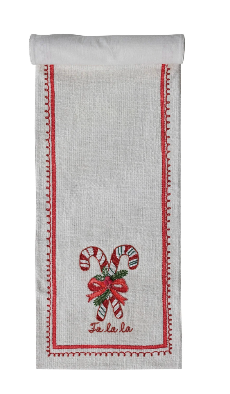 Cotton Slub Printed Table Runner with Embroidered Candy Canes, Bows, Holly Leaves & Beads