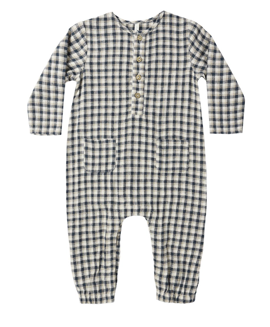 LONG SLEEVE WOVEN JUMPSUIT || NAVY CHECK