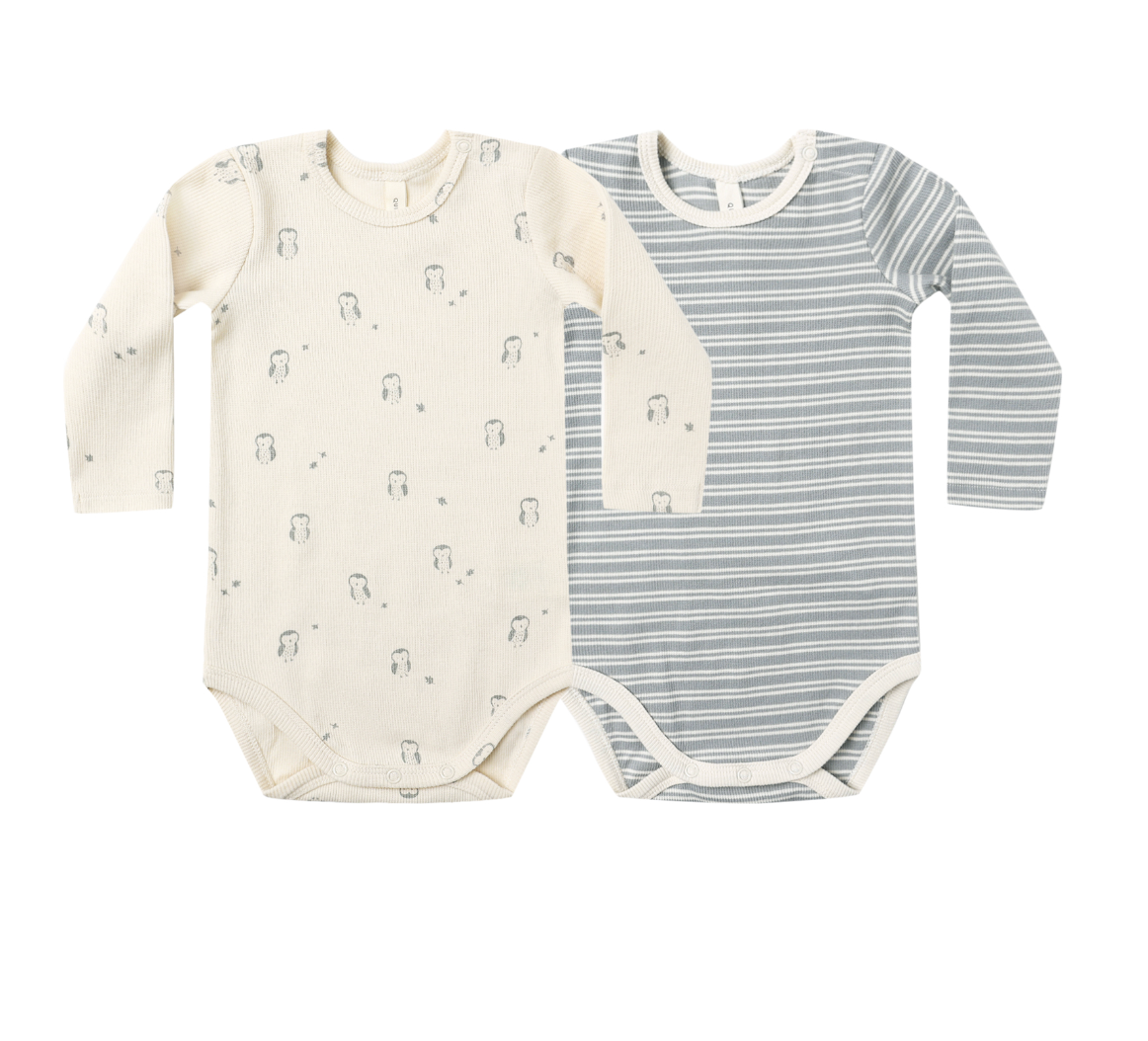 IBBED BODYSUIT, 2 PACK || STEEL BLUE MICRO STRIPE, OWLS