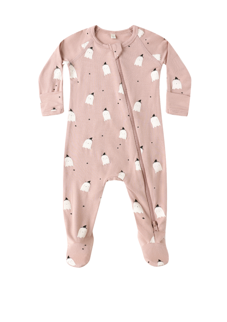 BAMBOO ZIP FOOTIE || PINK GHOSTS