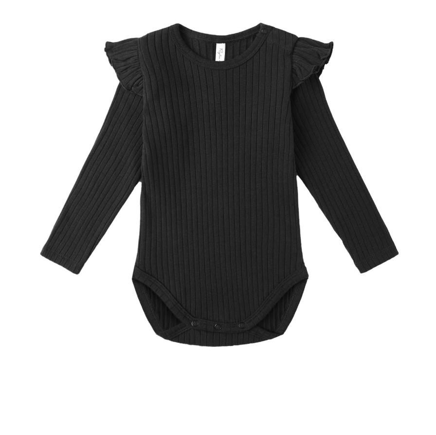 SHOULDER RUFFLE BODYSUIT || BLACK