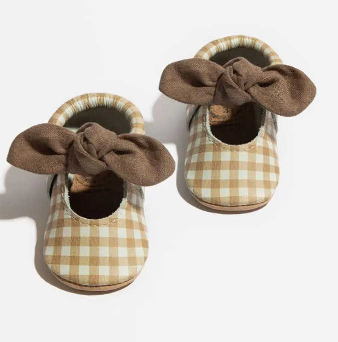 Almond Gingham Knotted Bow Baby Shoe