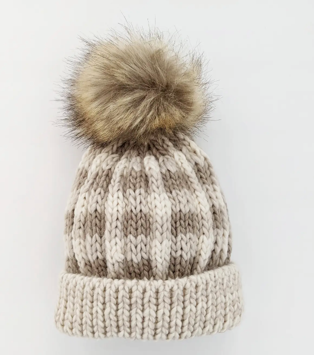 Pebble Brown Buffalo Check Pom Pom Beanie