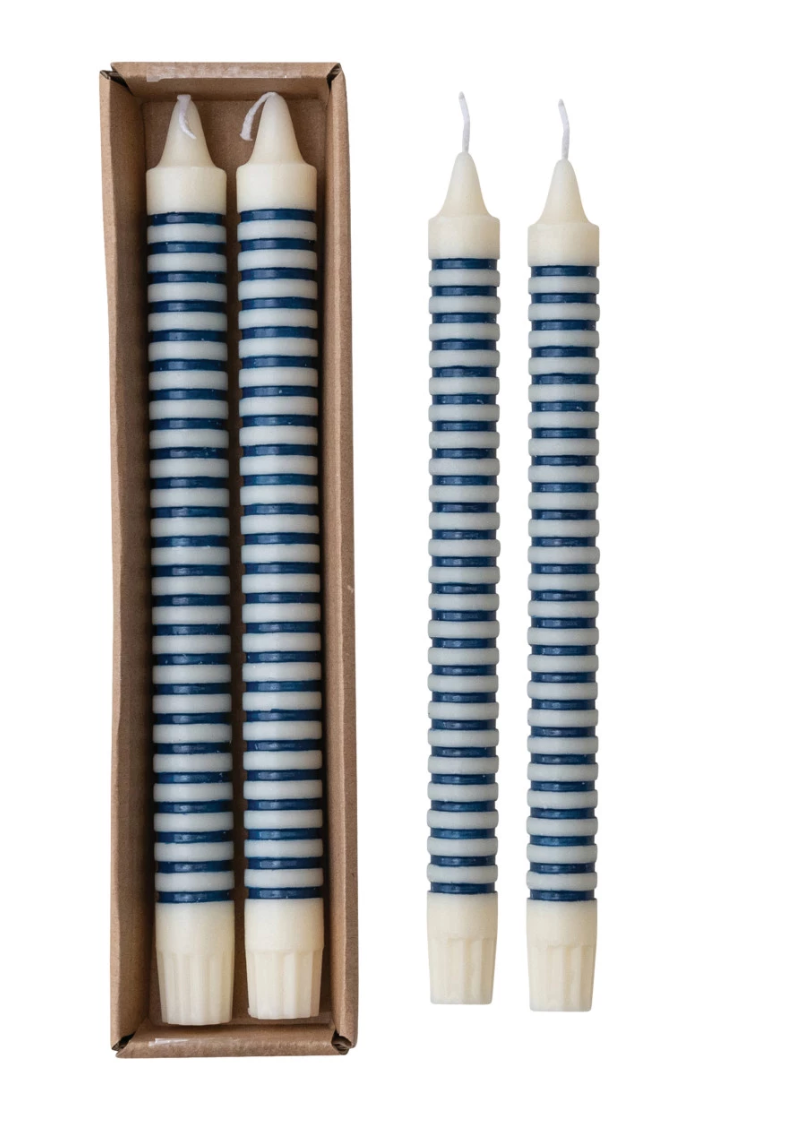 Unscented Striped Taper Candles in Box, Blue, Set of 2