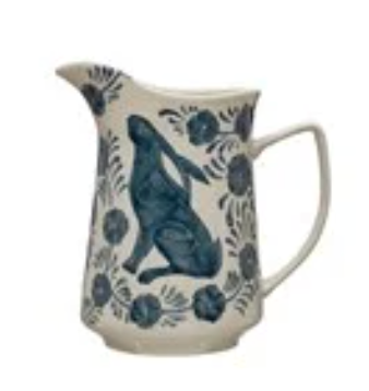 3 Quart Hand-Painted Stoneware Pitcher w/ Rabbit & Flowers