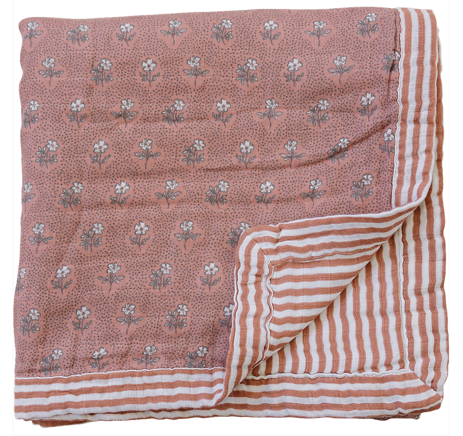 Vintage Pink Floral + Pink Stripes Muslin Quilt