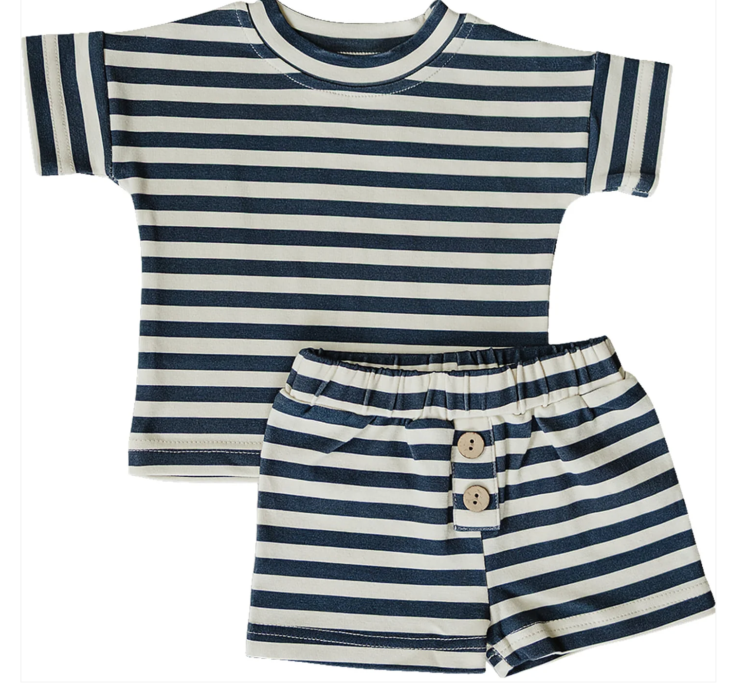 Navy Stripe Button Short Set