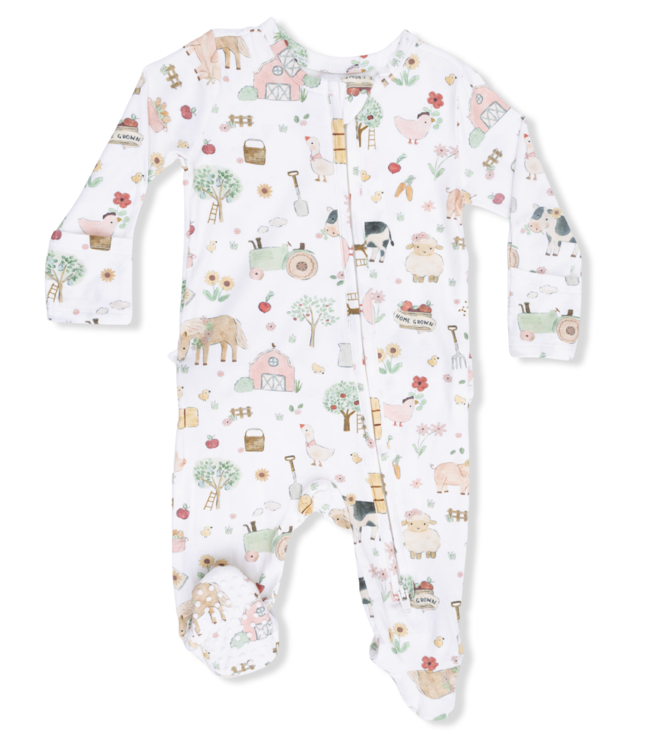 Cute Farm Animals Pink - 2 Way Ruffle Back Zipper Footie