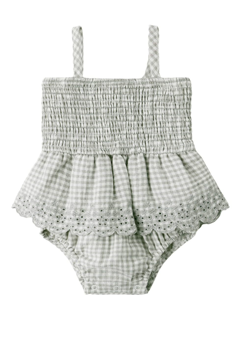 SMOCKED SKIRTED ROMPER SAGE GINGHAM