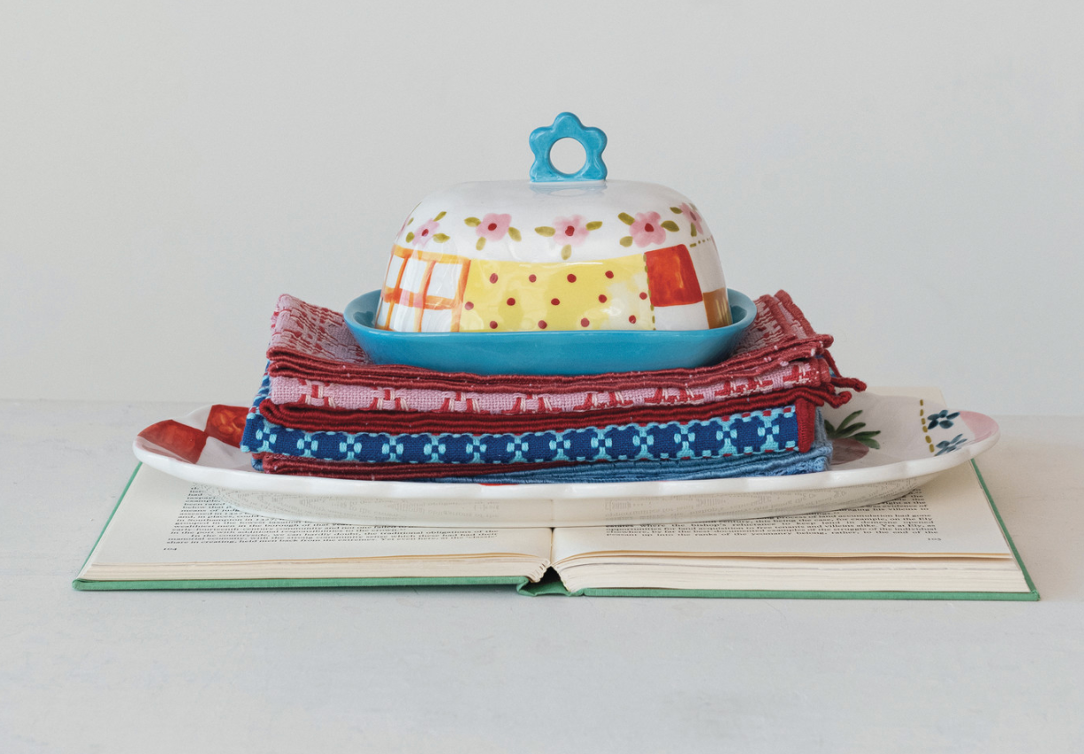 Hand-Painted Stoneware Butter Dish w/ Pattern & Flower Shaped Handle