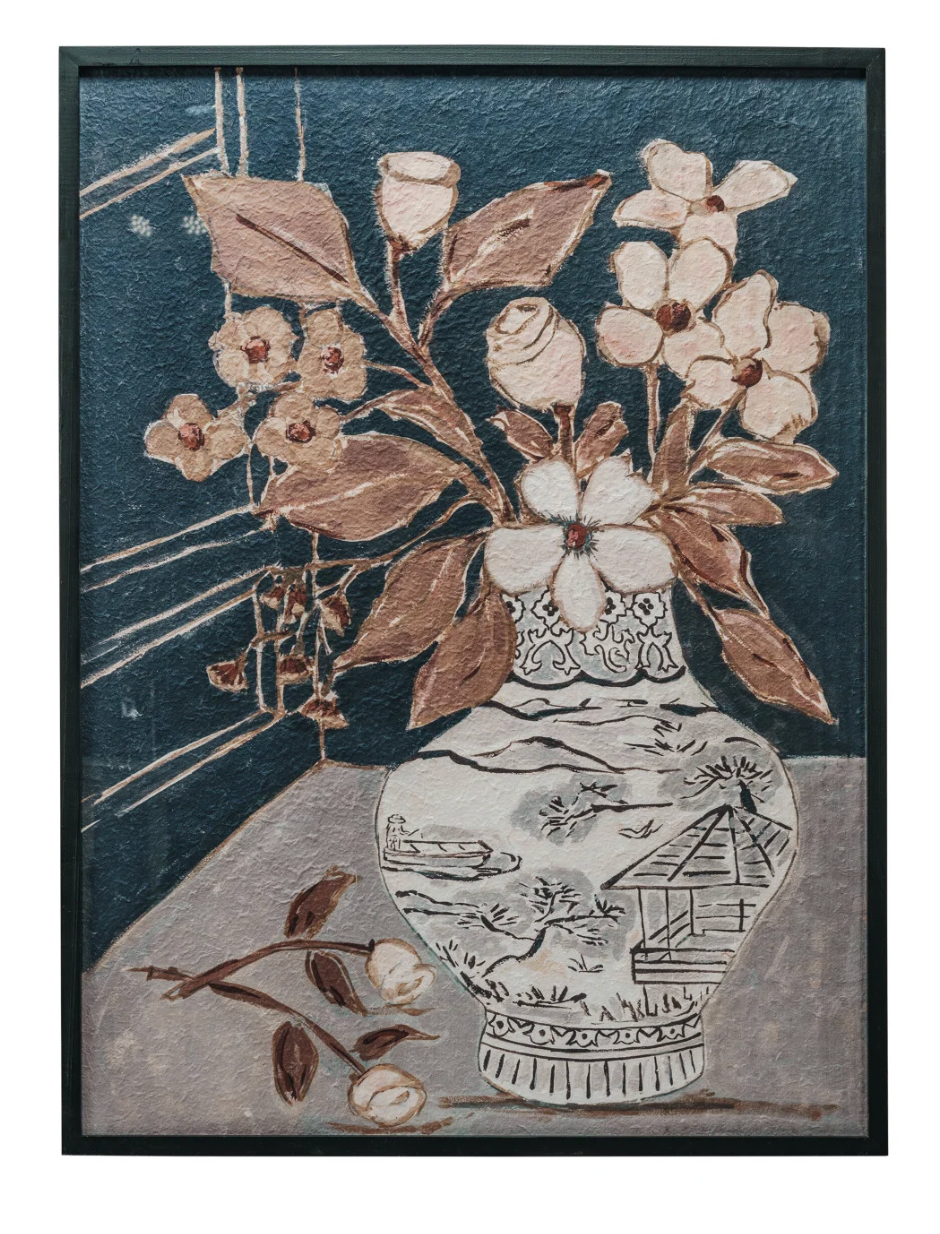 Wood Framed Glass Wall Décor w/ Flowers in Vase