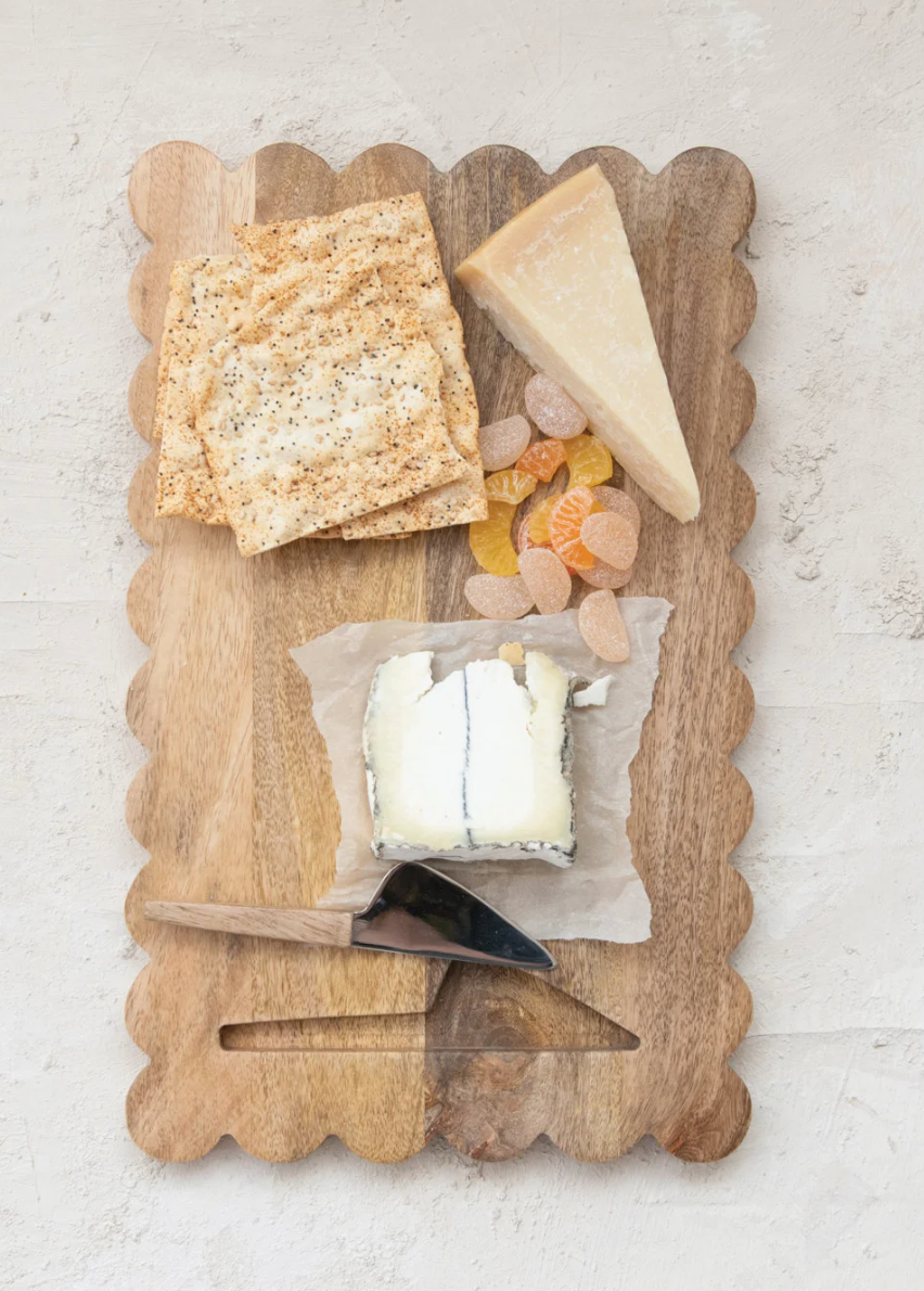 Mango Wood Scalloped Cheese/Serving Board w/ Stainless Steel Cheese Knife, Set of 2