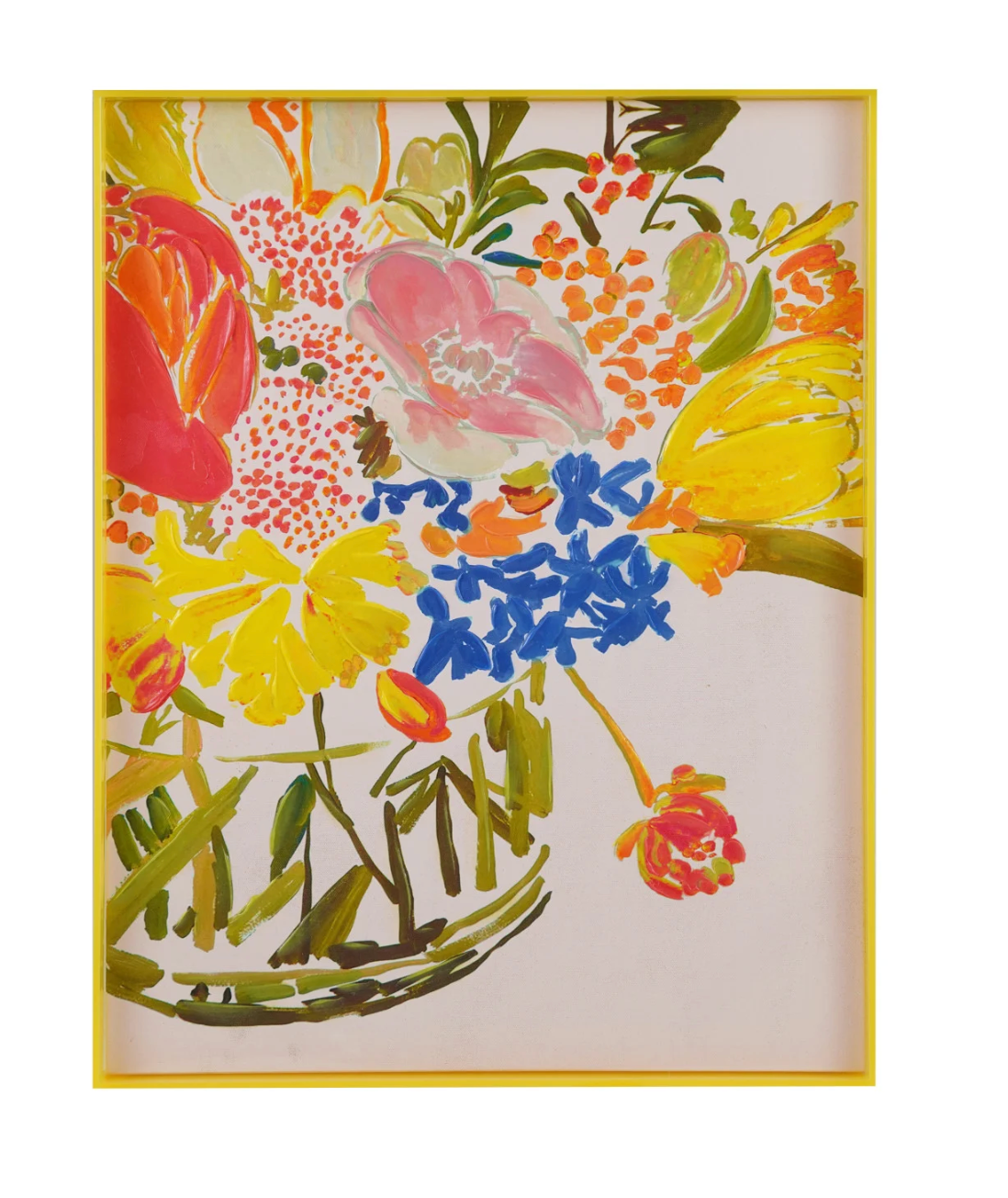 Yellow Acrylic Box Framed Canvas Wall Decor with Hand-Painted Flowers in Vase